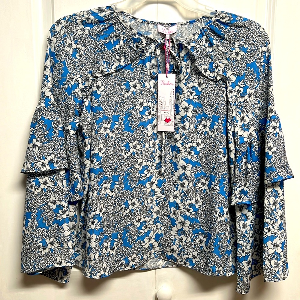 Parker Luxury Blue Lyla Floral Print 2 Tear Long Sleeve Top Size XS NWT